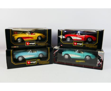Bburago - Four boxed 1:18 scale 1957 Chevrolet Corvette (#3024) diecast model cars from Bburago. Models appear to be in Mint 
