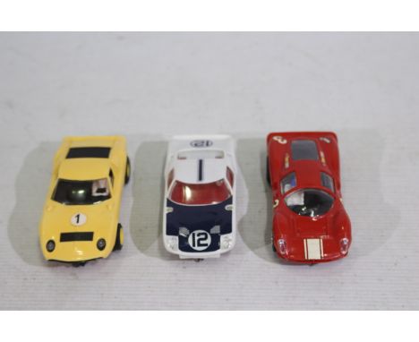 Scalextric - 3 x vintage unboxed slot cars, Lamborghini Miura # C.17, Ford GT # C.77 and Ferrari P4 # C.16. They appear in Ve