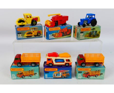 Matchbox - 6 x boxed vehicles, Bedford Car Transporter # 11, Ford Tractor # 46, Combine Harvester # 51, Dodge Cattle Truck # 