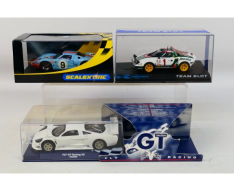 Scalextric - Fly - Team Slot - Three boxed 1:32 scale slot cars. Lot consists of Team Slot #11501 Lancia Stratos 'Alitalia' R