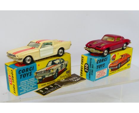 Corgi - 2 x boxed vehicles, Chevrolet Corvette Sting Ray # 310 and Ford Mustang Competition Model # 325. Both show signs of l