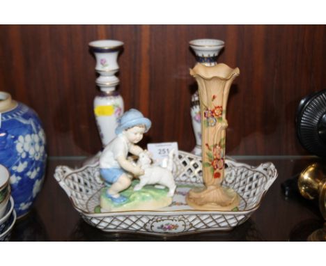 A PAIR OF DRESDEN CANDLESTICKS TOGETHER WITH A PIERCED DRESDEN TWIN HANDLED DISH, ROYAL WORCESTER SEPTEMBER FIGURE AND A VASE