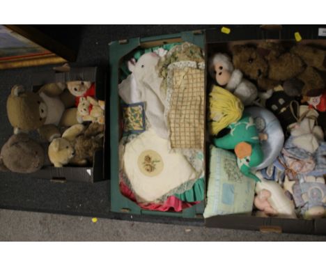 THREE BOXES OF VINTAGE TEDDY BEARS, CUSHIONS ETC