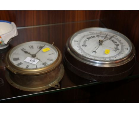 A BRASS BULK HEAD CLOCK TOGETHER WITH A BAROMETER A/F