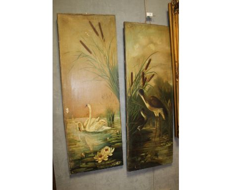 A PAIR OF TALL VINTAGE OIL PAINTINGS OF WATERFOWL SIGNED S MACHIN 1890