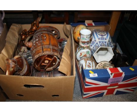 A TRAY OF CERAMIC VASES ETC. TOGETHER WITH A TRAY OF HORSE AND CART FIGURES (2) 