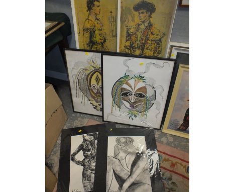 TWO PAIRS OF PRINTS TOGETHER WITH TWO CHARCOAL MUSE STUDIES SIGNED K WISE (6)