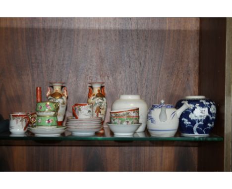 A COLLECTION OF ORIENTAL CERAMIC TO INCLUDE GINGER JARS, NORITAKE CUPS AND SAUCERS ETC TOGETHER WITH A FIGURATIVE STITCHED WA