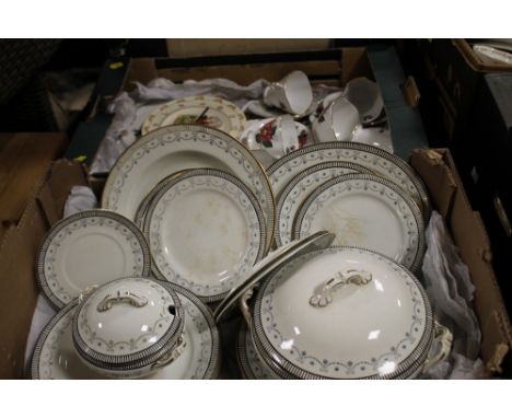 TWO TRAYS OF ASSORTED CERAMICS TO INCLUDE A BUNNYKINS CLOCK, WINDSOR CHINA ETC