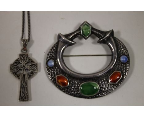 A CHESTER HALLMARKED SILVER AND ENAMEL CELTIC STYLE BROOCH, TOGETHER WITH A SILVER CELTIC CROSS ON CHAIN