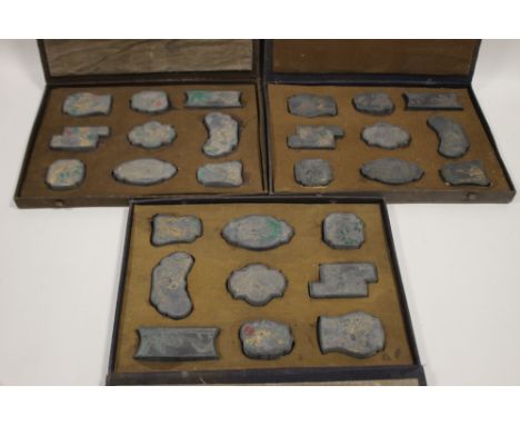 THREE CASED SETS OF NINE VINTAGE EASTERN PRINTING BLOCKS WITH ORIENTAL CHARACTER MARKINGS TO REVERSE 