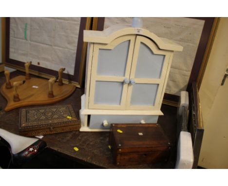 A SMALL BLUE AND WHITE PAINTED CUPBOARD TOGETHER WITH A HEAVILY INLAID TRINKET BOX PLUS A MAHOGANY BOX (3)