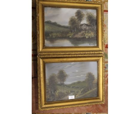 A PAIR OF VINTAGE GILT FRAMED OIL PAINTINGS DEPICTING COUNTRY LANDSCAPES - ONE INDISTINCTLY SIGNED LOWER 
