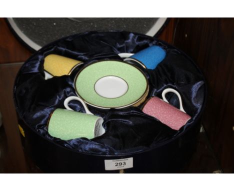 A BOXED ROYAL WORCESTER HARLEQUIN CUP AND SAUCER SET IN CELEBRATION OF HRH 80TH BIRTHDAY 