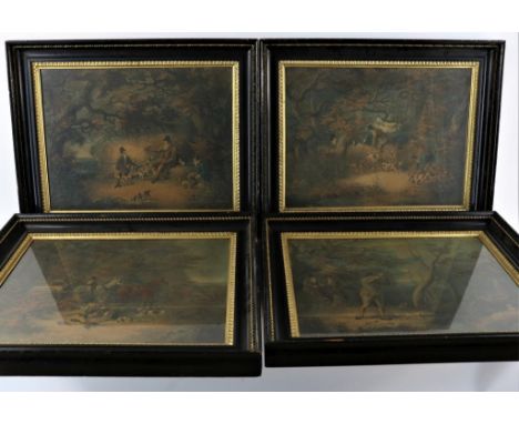   Serie van 4 jachtprenten, Engeland 19e eeuw, herkomst: Doig.  Wilson en Weatley. 45 x 55 cm.        Series of 4 hunting pri