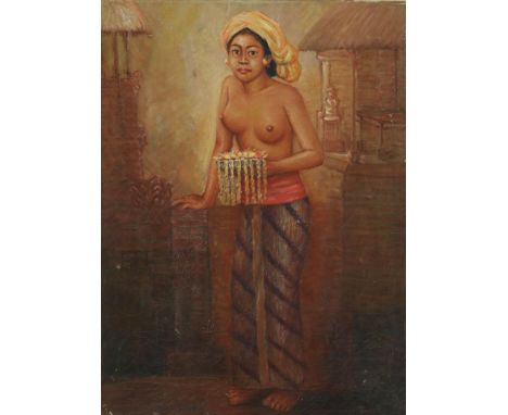   Onbekend, onduid. ges. l.o., portret van Balinese vrouw, doek 90 x 65 cm.        Unknown,  portrait of a Balinese woman, ca