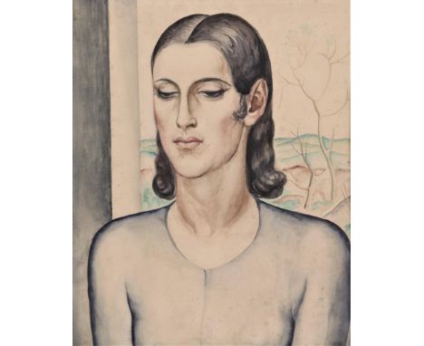   FRANKEN, JAN, ges. r.o., portret van jongedame voor heuvellandschap, aquarel 47 x 38  cm.        Franken, Jan, signed, port