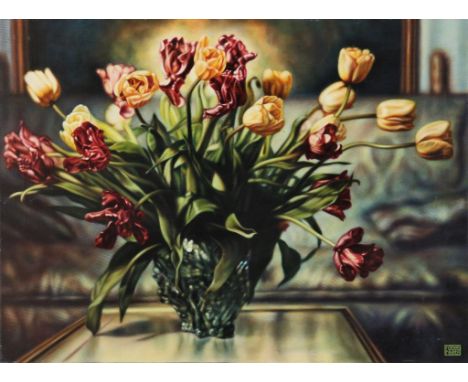   RAATS, ROB, ges. in de druk, vaas tulpen, drukwerk op doek 55 x 75 cm.        Raats, Rob, signed, tulips, print on canvas 5