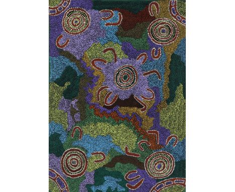   MILLER, KITTY, ges. achterz., Jukurrpa, aboriginal art, doek 86 x 61 cm.        Miller, Kitty, signed, Jukurrpa, aboriginal