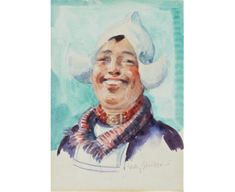   SLUITER, WILLY (1873-1949), ges. r.o.,  portret van lachende visservrouw, aquarel 17 x 12 cm.        SHUTTER, WILLY (1873-1