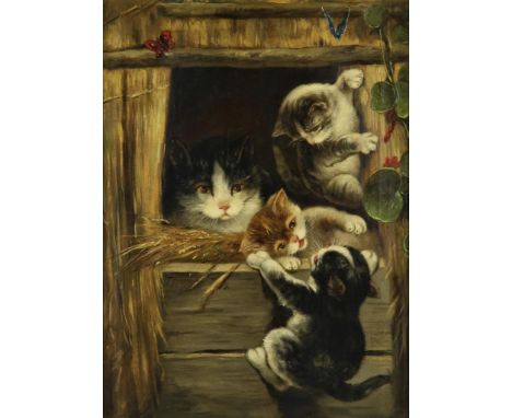   Onbekend, onges. moederkat met spelende kittens bij hok, doek 40 x 32 cm.        Unknown, unsigned, mother cat with playing