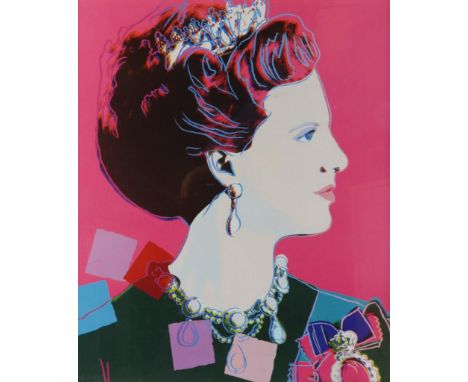   WARHOL, ANDY, naar ontwerp van,  Queen Margrethe II van Denemarken, zeefdruk 60 x 50 cm.        WARHOL, ANDY, after a desig