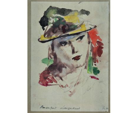   Onbekend, met signatuur R.W. (mogelijk Rik Wouters), portret van vrouw met hoedje, aquarel 18 x 13 cm.  Met onderschrift: N