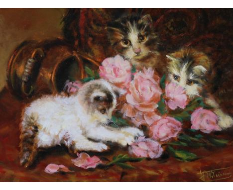   Onbekend, onduid. ges. r.o.,  spelende kittens, paneel 18 x 24 cm.        Unknown, unclear. sign. l.r., playing kittens, oi