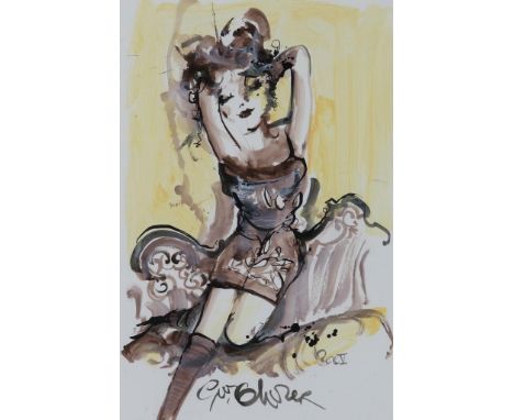   OLIVIER, GUY, ges. o., jongedame op sofa, tekening in gewassen inkt, 48 x 32 cm.        Olivier, Guy, signed, young lady on