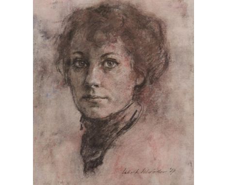  SCHRöDER, SIERK (1903-2002), ges. en gedat.'87 r.o.,  portret van dame, krijttekening 38 x 34 cm.        SCHRöDER, SIERK (1