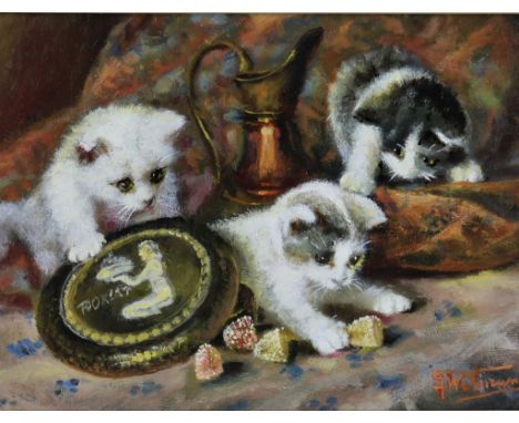   Onbekend, onduid. ges. r.o.,  spelende kittens, paneel 18 x 24 cm.        Unknown, unclear. sign. l.r., playing kittens, oi