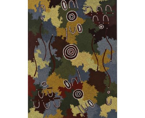   WOODS, PAULINE NAKAMARRA, ges. achterz., Jukurrpa, aboriginal art, doek 81 x 60 cm.        Woods, Pauline Nakamarra, signed