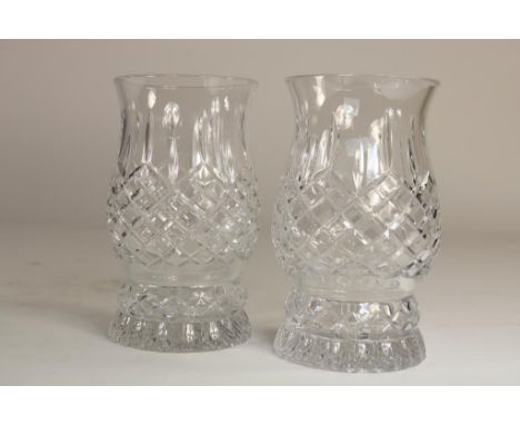   Stel kristallen windlichten met ruitslijpsel, h. 23 cm.        Pair of 2 cristal candlestick holders, h. 23 cm.      