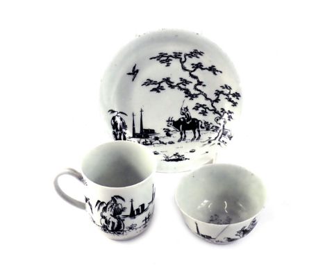 A First Period Worcester porcelain trio of cup saucer &amp; tea bowl, decorated in the 'Boy on Buffalo' pattern, c.1756-58, f