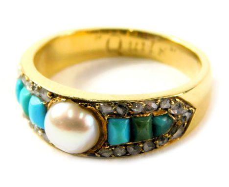 An Edwardian dress ring, set with central blister pearl, surrounded by tiny diamonds and turquoise, on a yellow metal band, i