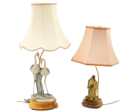 A Florence ceramic lamp base, decorated with two storks dated 1984, and another similar with a kingfisher. WARNING! This lot 