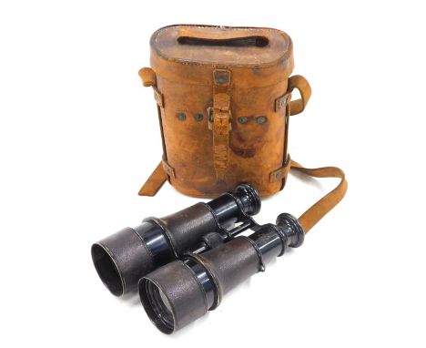 A pair of Lemaire of Paris field binoculars, engraved with military arrow, in a brown leather case stamped J&amp;B Green Limi
