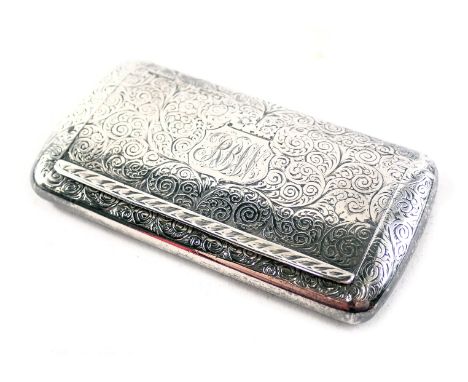 A Victorian silver rectangular snuff box, with floral scroll decoration on central shield bearing the initials RBM, Birmingha