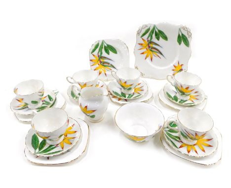 A Tuscan Hawaiian Flowers Bird of Paradise pattern part tea service, to include cups, saucers, side plates, cake plate, milk 