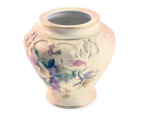 A Royal Worcester blush ivory jar, with hand painted decoration of flowers, and purple stamp to underside, 9cm high. 