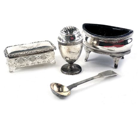 Small silver wares, comprising a silver pepper pot, cut glass and silver topped rectangular dressing table box, caddy spoon, 