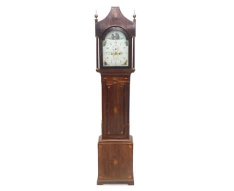 A 19thC longcase clock by T Kilham of Epworth, the arched dial painted with war ships, etc., with an eight day movement, in o
