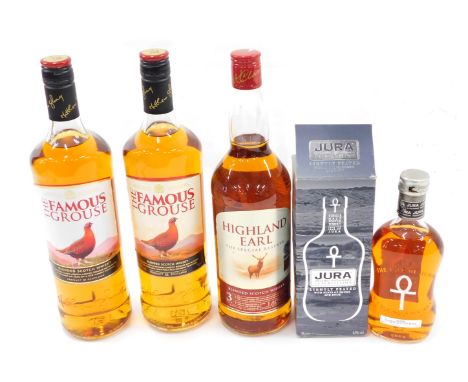 A small 35cl bottle of Jura single malt Scotch whisky, two bottles of The Famous Grouse, and a bottle of Highland Earl. (4) 
