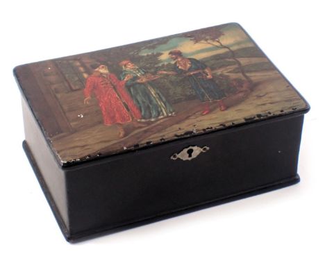 A Russian papier mache tea caddy, the hinged lid decorated with three figures wearing brightly coloured clothing beside a bui