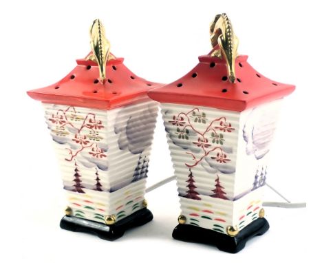 A pair of Goebel ceramic lights, modelled in the form of an Oriental lantern, mounted with a gilt dragon.