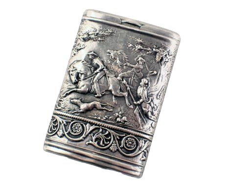 A 19thC German white metal match or Vesta case, decorated with deer hunting scenes, stamped 800, makers stamp for J.D. Schlei