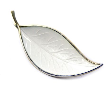 A Danish white enamel leaf brooch by Brodrene Bjerring, of moulded form, in white metal stamped sterling handmade, 6cm wide, 