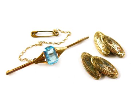 A small group of jewellery, comprising a bar brooch set with central blue topaz, yellow metal bar, stamped 9ct, 6cm wide, 3.2