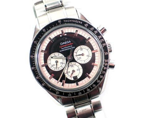 An Omega Speedmaster automatic chronometer gentleman's wristwatch, with a silver and blackened dial with three subsidiary dia