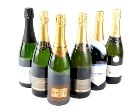 Six mixed bottles of sparkling wine, to include Leckford Estate 2014 English.